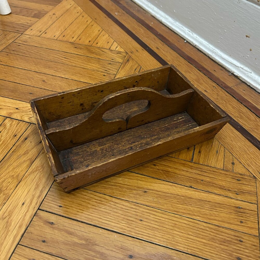 Antique Rustic Wooden Cutlery Utensil Caddy with Handle